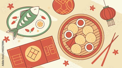 Festive asian food spread with lanterns and red envelopes