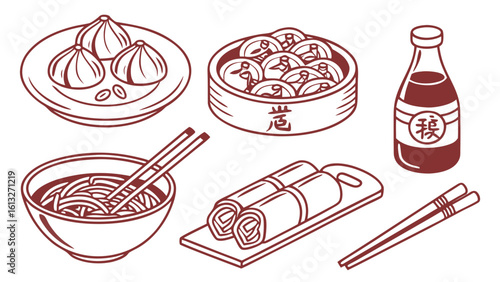 Asian food delicacies including dumplings noodles and spring rolls