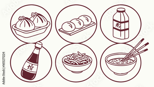 Asian food icons featuring dumplings noodles and condiments