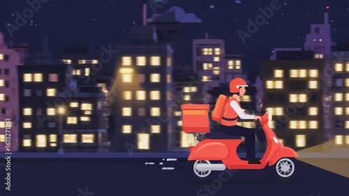 Scooter Food Delivery Flat Vector Night Urban Motion Graphic