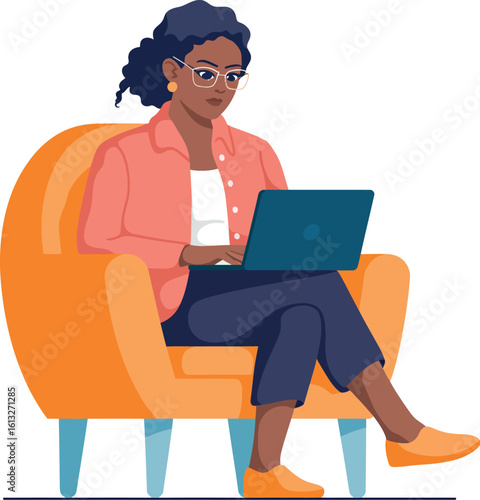 Illustration of woman with glasses sitting in orange armchair using a laptop computer device