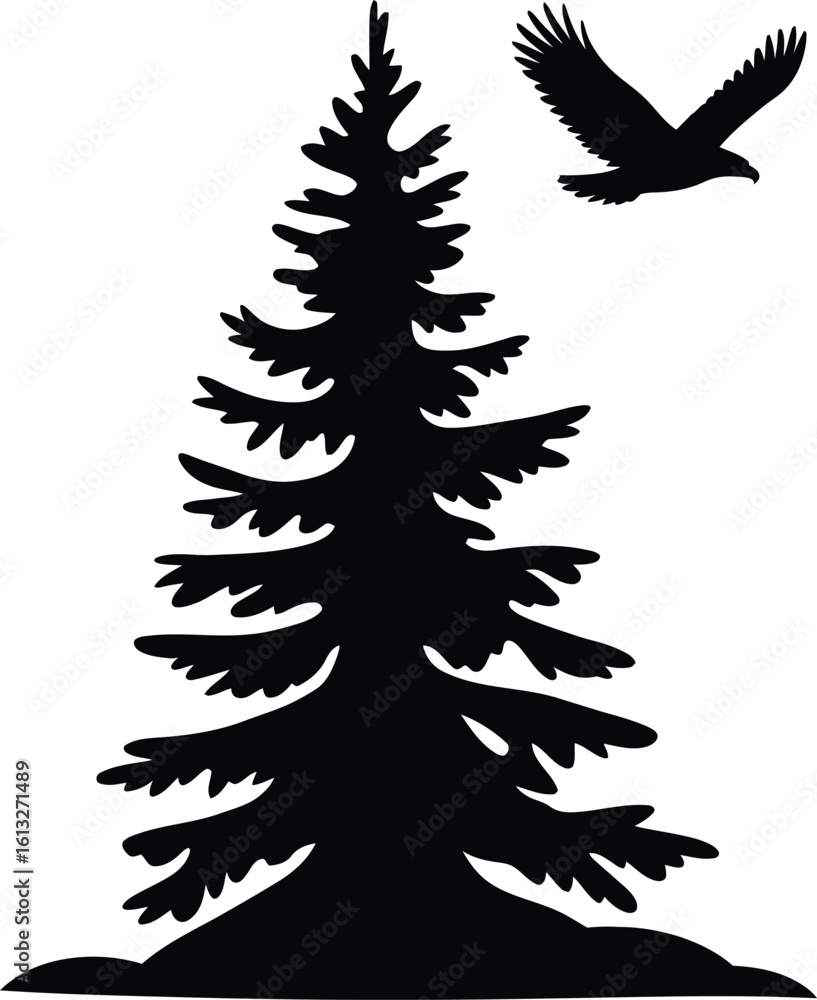 Obraz premium Majestic evergreen tree silhouette with a soaring eagle against a white background