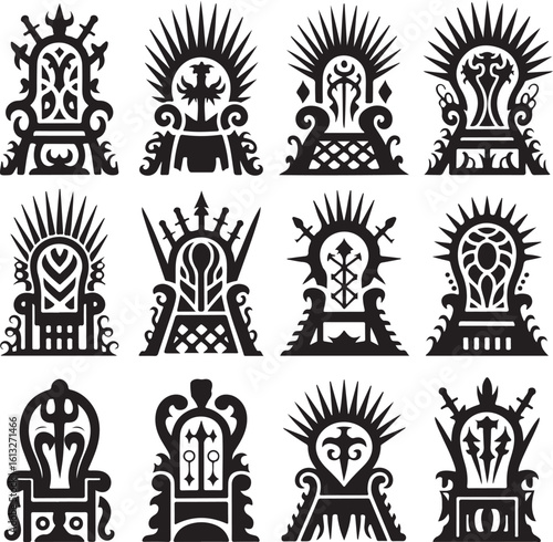 Fantasy, throne, icon, set, medieval, king, silhouette, vector, black, isolated, illustration, design, royal, chair, game, power