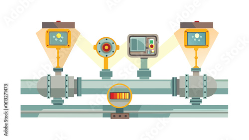 Illustration of industrial pipeline with monitoring devices and control panels system setup