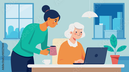 Senior woman using laptop with younger woman offering help and coffee in a cozy indoor setting