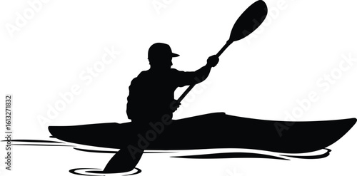 Man paddling a kayak on calm water in a striking black silhouette