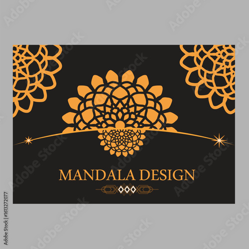Mandala Design: Intricate golden mandala designs on a dark background, symbolizing art and spirituality, representing the beauty of traditional cultural heritage and spiritual practices.
