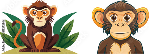 Two cartoon monkeys one sitting in foliage the other a close up portrait with large ears animal primate