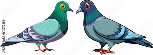 Two cartoon pigeons with teal and gray feathers and orange feet standing side by side on a white background