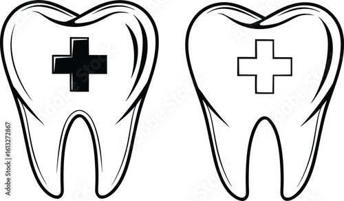Two stylized black and white outline drawings of human teeth each with a cross symbol inside tooth dental