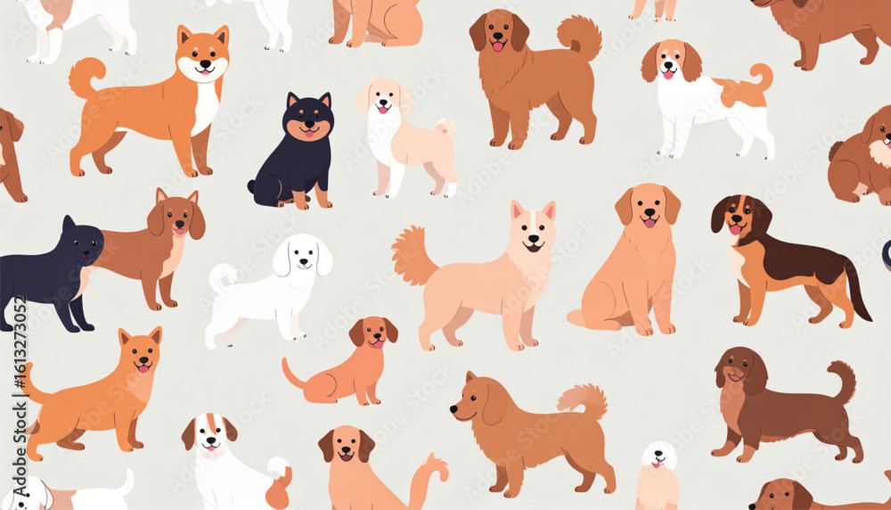Fototapeta premium さまざまな犬種のかわいいシームレスパターン