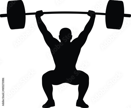 Strong athlete performing a powerful overhead squat with a barbell silhouette