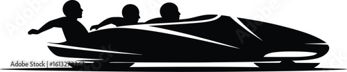 Three athletes in a bobsled racing down an icy track in a dynamic silhouette