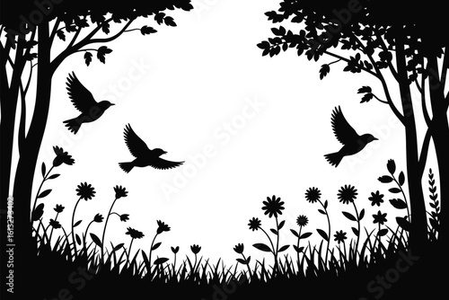 Three birds flying through a magical forest clearing with wildflowers and trees silhouette