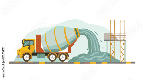 Illustration of a cement truck pouring cement onto a construction site with scaffolding and a platform