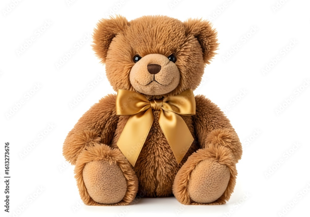 Obraz premium Adorable brown teddy bear with a golden bow tie sitting upright isolated
