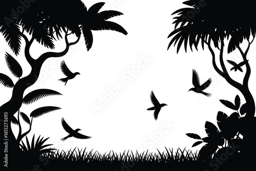 Tropical jungle scene with palm trees and birds flying in silhouette