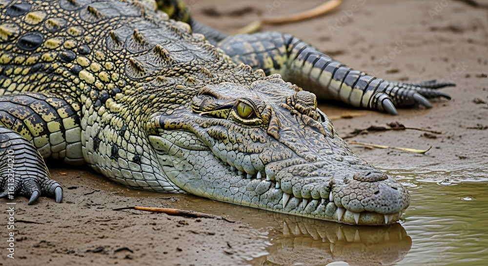 Obraz premium Detailed close-up of a powerful crocodile resting near water, showcasing its textures and features