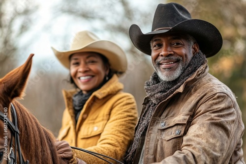 Senior couple riding horses together in nature, enjoying the outdoors and promoting an active lifestyle for older adults, Generative AI