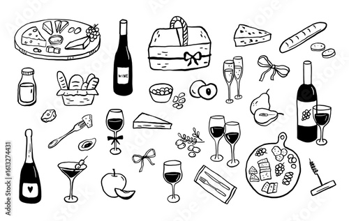 Wine and appetisers minimalist drawings. Mediterranean restaurant menu background. Slow living concept, crayon illustrations set, charcuterie