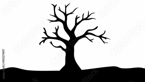 Silhouette of a bare tree with branches extending against a white background and black ground area