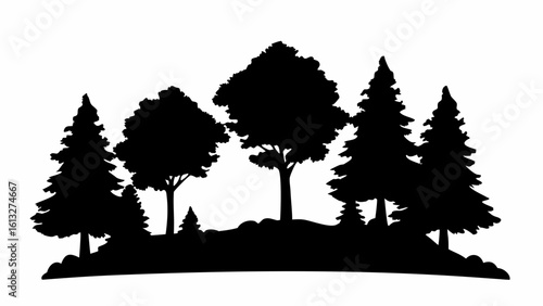 Silhouette of a forest landscape with various trees and bushes creating a natural scenery view image