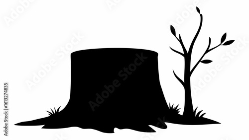 Silhouette of a tree stump with grass and a small tree with leaves in black and white image design