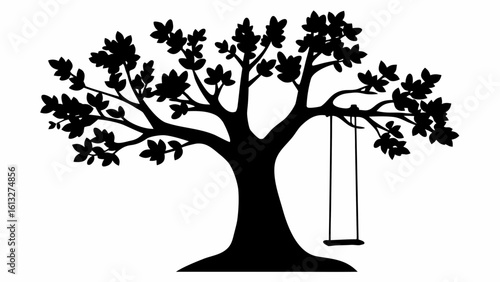 Silhouette of a leafy tree with a swing hanging from a branch against a white background in black ink