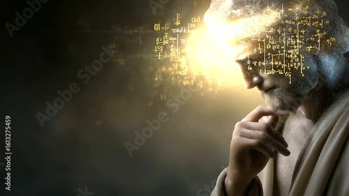 A thinker debating divinity with glowing light and logical symbols