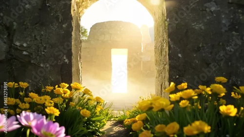 Horizontal video walking through arch near yellow and pink flowers in sunlight