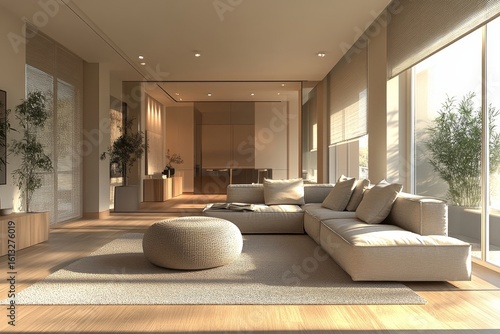 Wallpaper Mural Interior of a contemporary apartment featuring modern furnishings, including a sofa and pouf, rendered in 3D with a realistic design, Generative AI Torontodigital.ca