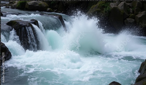 Whitewater rapids surge powerfully over mossy rocks, frozen in time by a fast shutter speed, showcasing intricate water details., ultra detailed, 8k resolution, HDR, professional