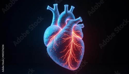 A detailed, realistic heart sculpted from glowing glass filigree, featuring pulsing blue and red liquid light within. Stunning visual!, ultra detailed, 8k resolution, HDR, professional