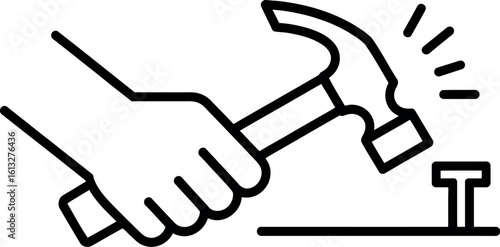 Line art illustration of a hand holding a hammer hitting a nail on a flat surface icon design