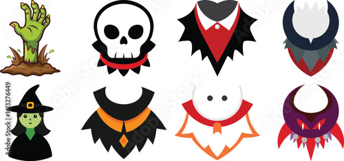 Funny cartoon birds and animals in Halloween costumes with pumpkins bats and spooky symbols