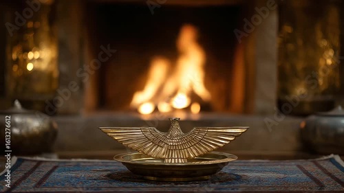 Afire altar glowing with the Faravahar symbol of Zoroastrianism