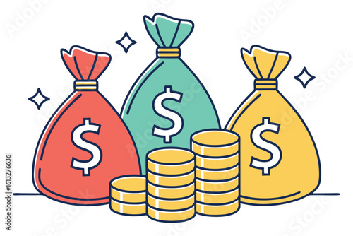 Three money bags stand with shiny coins in between