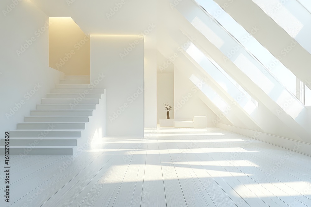 Fototapeta premium Interior of modern white apartment, rendered in 3D to highlight spaciousness and light, Generative AI