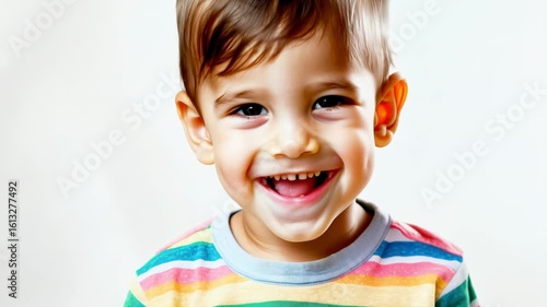 Horizontal video smiling boy in colorful t-shirt on white background, kindergarten