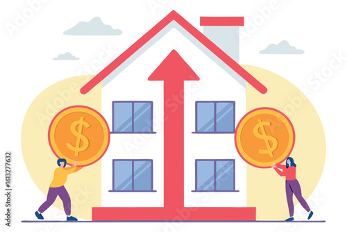 Two figures lift dollar coins towards a house with a red arrow indicating growth