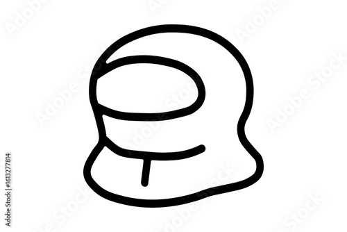 The image is a black-and-white line illustration of a winter balaclava. The balaclava covers the entire head and neck, leaving only a large oval opening for the eyes