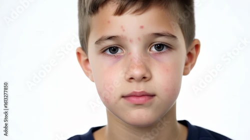 Horizontal video serious emotionless schoolboy in blue t-shirt on white background with pigment spots on face