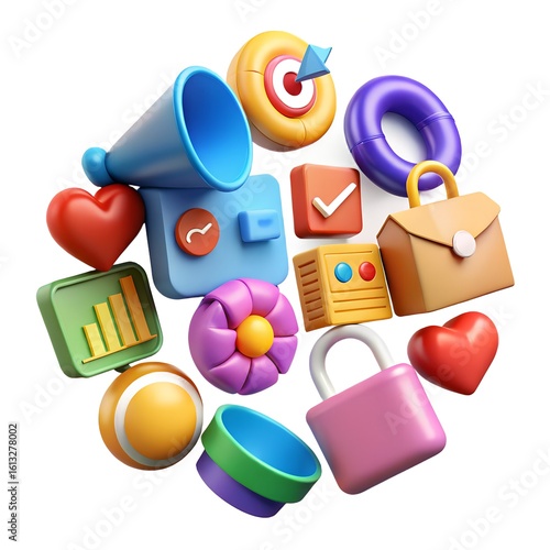 Collection of colorful 3 D icons including hearts, bullseye, and briefcase 3d icons colorful icons