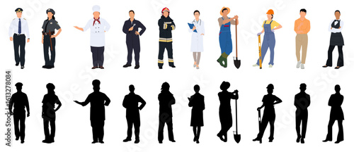 People cartoon character different profession with silhouette, job occupation and specialization isolated on white