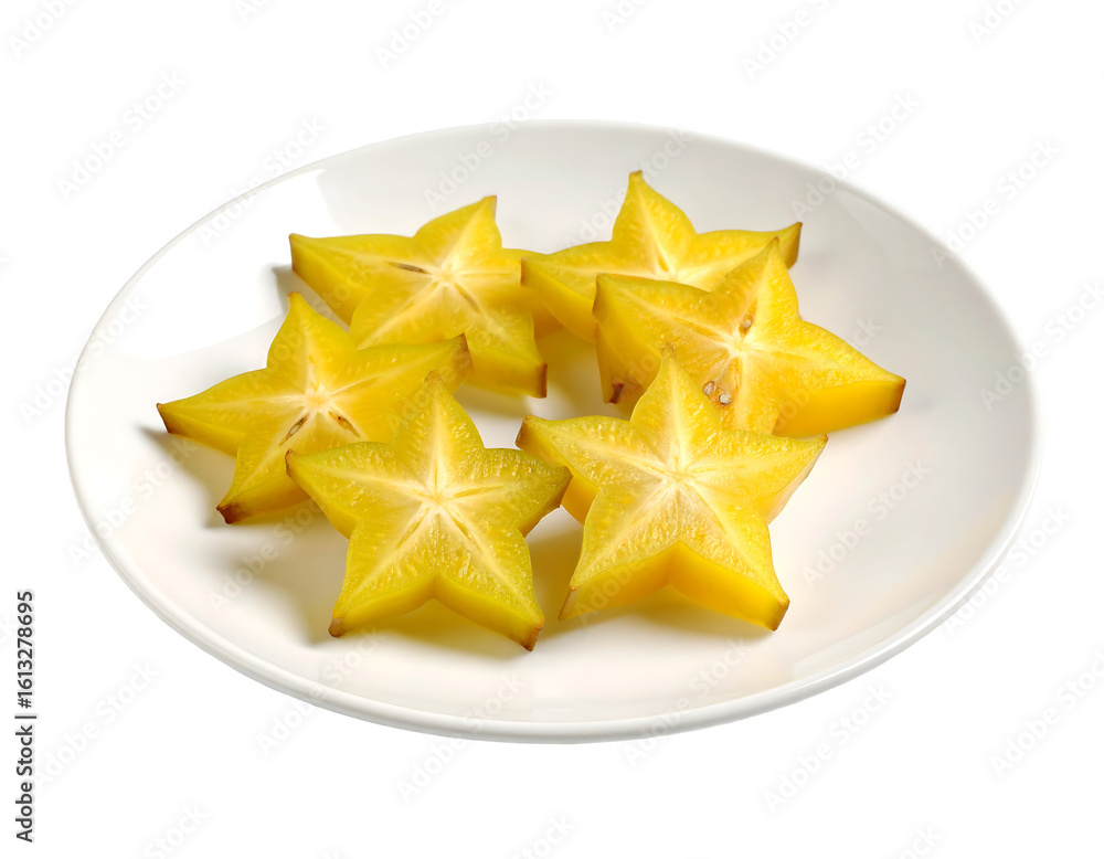 Sliced star fruit on white plate, isolated, bright yellow star fruit slices arranged on a white plate against a transparent background Sliced star fruit on white plate, isolated, bright yellow star fruit slices arranged on a white plate against a transparent background