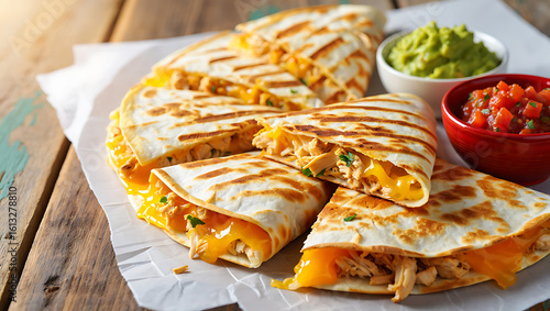 A delicious platter of grilled chicken quesadillas, filled with melted cheese and shredded chicken, served with fresh guacamole and salsa.