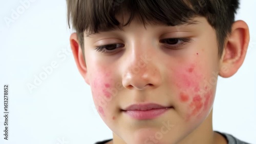 Horizontal video serious emotionless schoolboy in grey t-shirt on white background with pigment spots on face