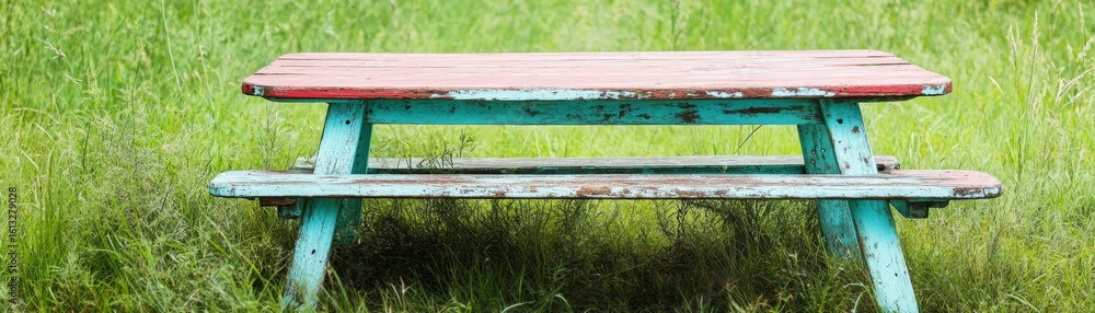 Rustic Turquoise Picnic Table in Grassy Meadow, Summer, Outdoors Rustic Turquoise Picnic Table in Grassy Meadow, Summer, Outdoors