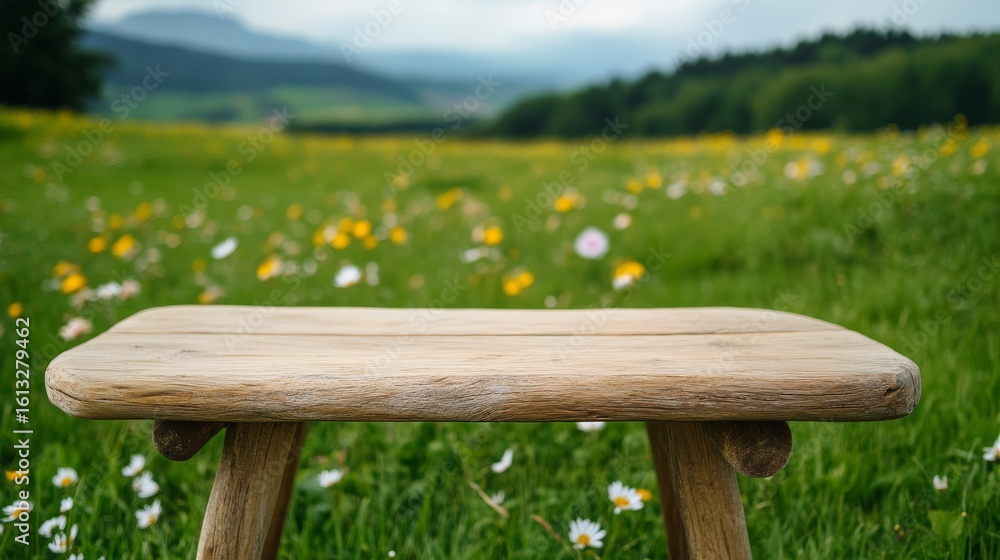 Fototapeta premium Rustic Wood Stool on Meadow with Blurred Mountains Backdrop, Nature, Scenery