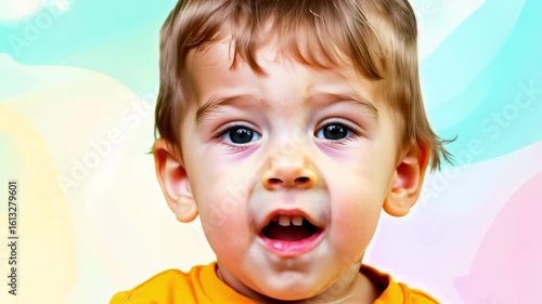 Horizontal video smiling boy in yellow t-shirt on colorful background, kindergarten